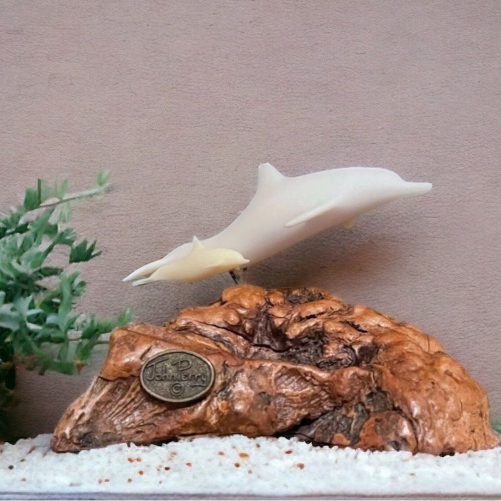 John Perry Dolphin & Calf Pellucida Resin Burlwood 6” Sculpture